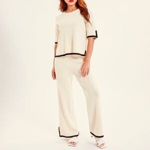 Cream Knit Two-Piece Lounge Set with Black Trim Wide Leg Pants Size XL